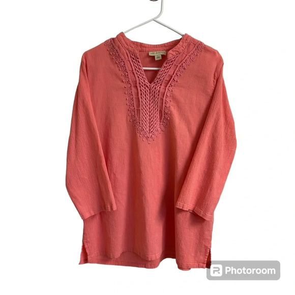 Appleseed's Tops - Appleseed’s Pink 3/4 Sleeve Crochet Lace V Neck Tunic Top Crinkle Women’s Lg